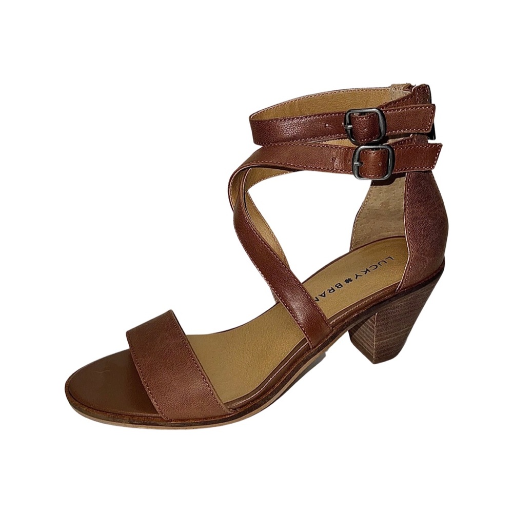 LUCKY BRAND Womens Toffee Ressia Leather Double Ankle Strap Cone Heel Sandals 7M
